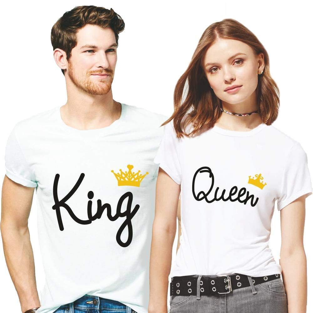 DOUBLE F WHITE COLOR KING QUEEN PRINTED COUPLE T-SHIRTS