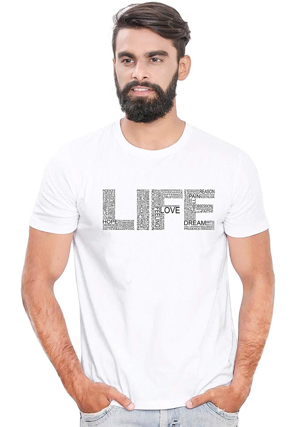 DOUBLE F ROUND NECK HALF SLEEVE WHITE COLOR LIFE PRINTED T-SHIRT FOR MEN