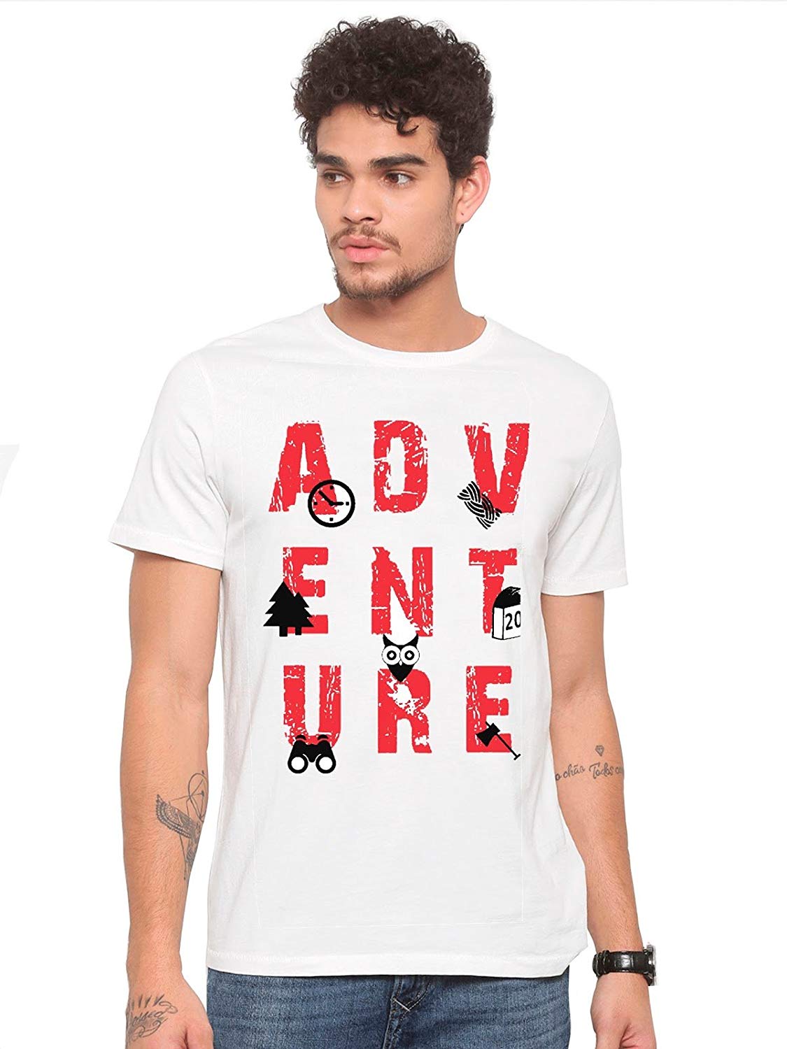 DOUBLE F ROUND NECK HALF SLEEVE WHITE COLOR ADVENTURE PRINTED T-SHIRT FOR MEN