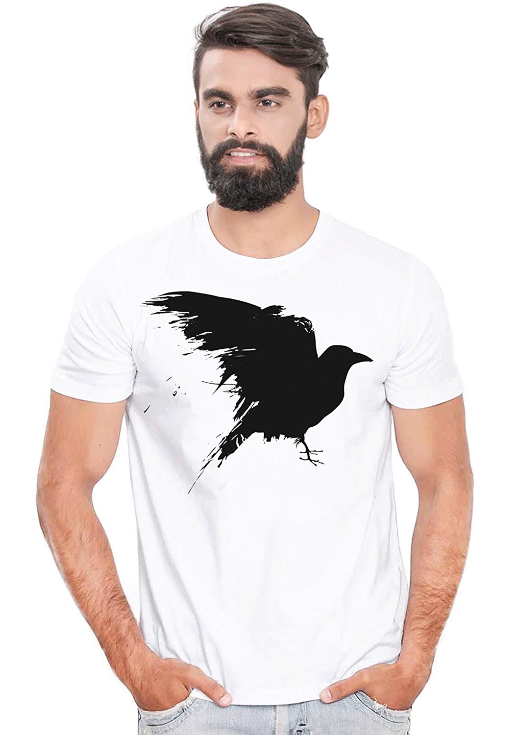 DOUBLE F ROUND NECK HALF SLEEVE WHITE COLOR FLYING BIRD PRINTED T-SHIRT FOR MEN