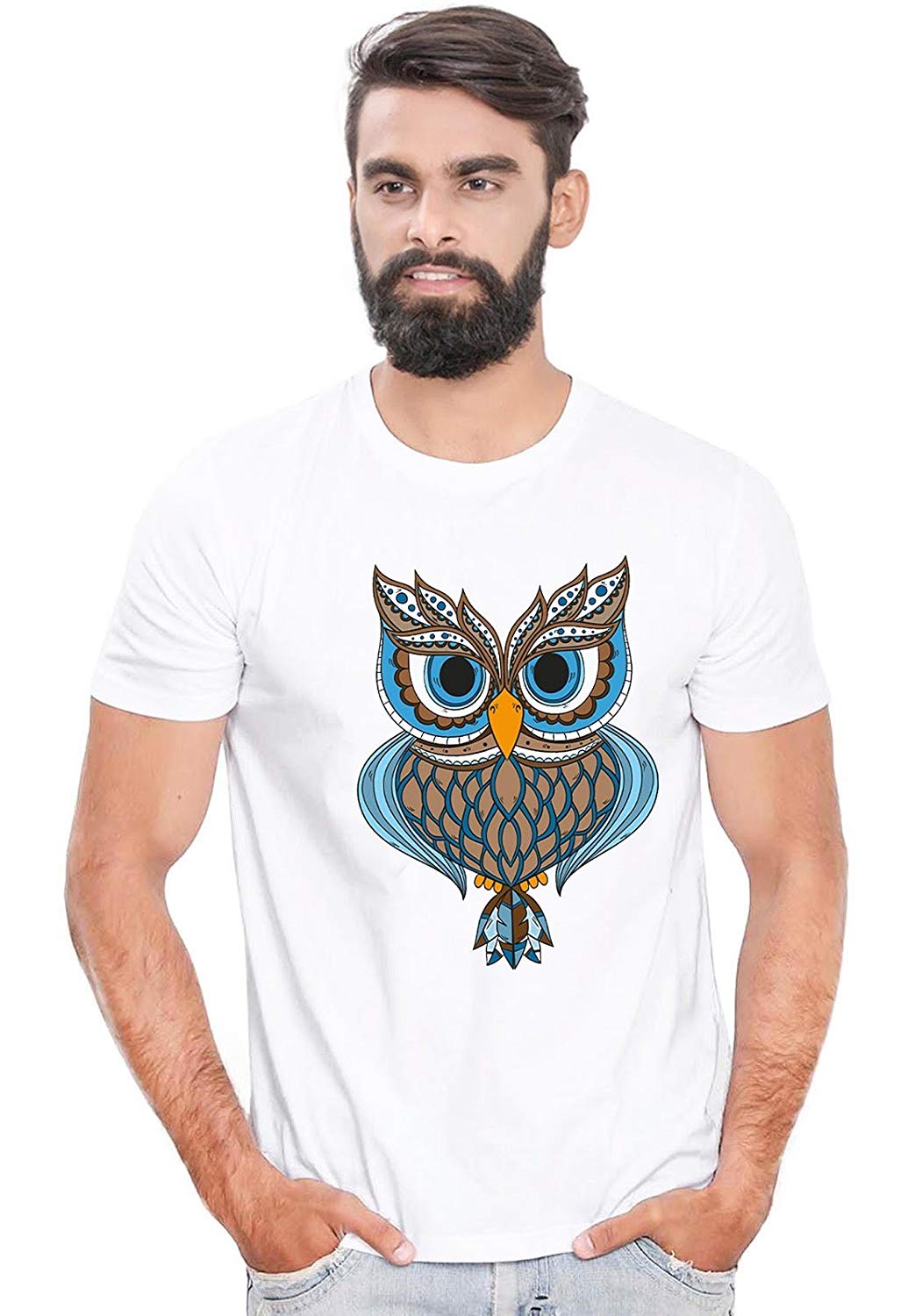 DOUBLE F ROUND NECK HALF SLEEVE WHITE COLOR DESIGNER OWL PRINTED T-SHIRT FOR MEN