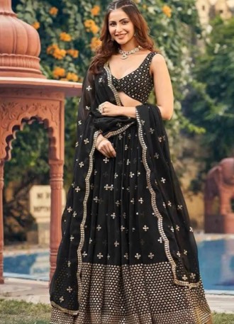 Embroidered Mirror Work Semi-Stitched Lehenga & Unstitched Blouse & Dupatta