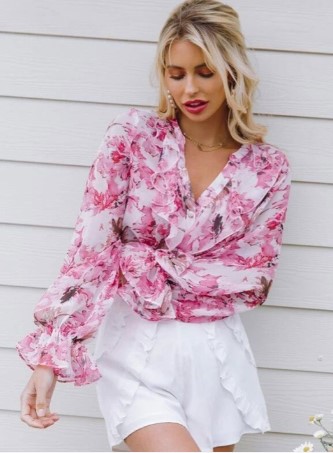 Floral Printed Mandarin Collar Ruffled Sleeve Top