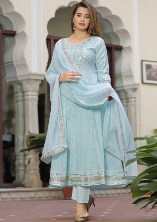 Ethnic Motifs Printed Mirror Work Anarkali Kurta with Trousers & Dupatta