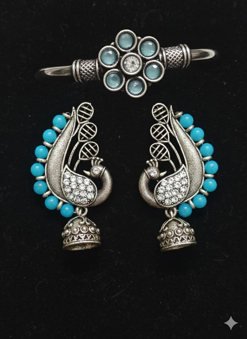 Oxidised Silver Peacock Design Earrings with Floral Color Stone Kada/Bangle Set