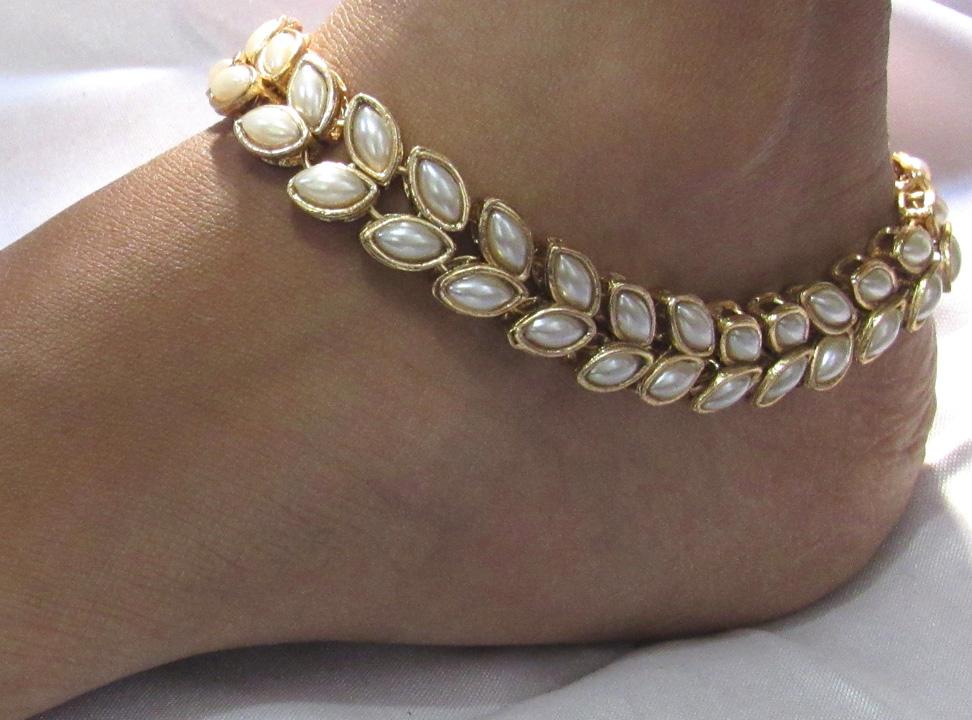 Double line full pearl kundan anklet