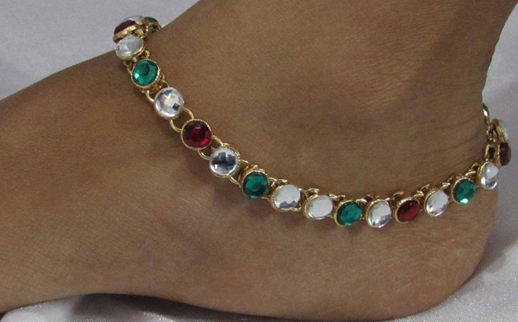 maroon green round stone anklet