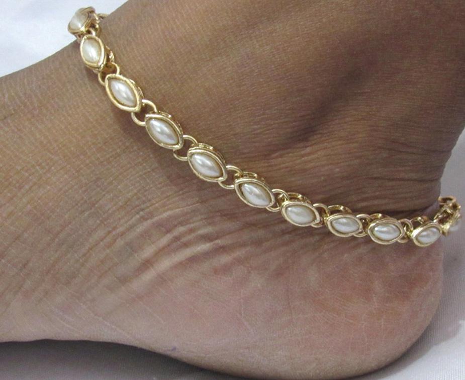 Single line pearl kundan anklet
