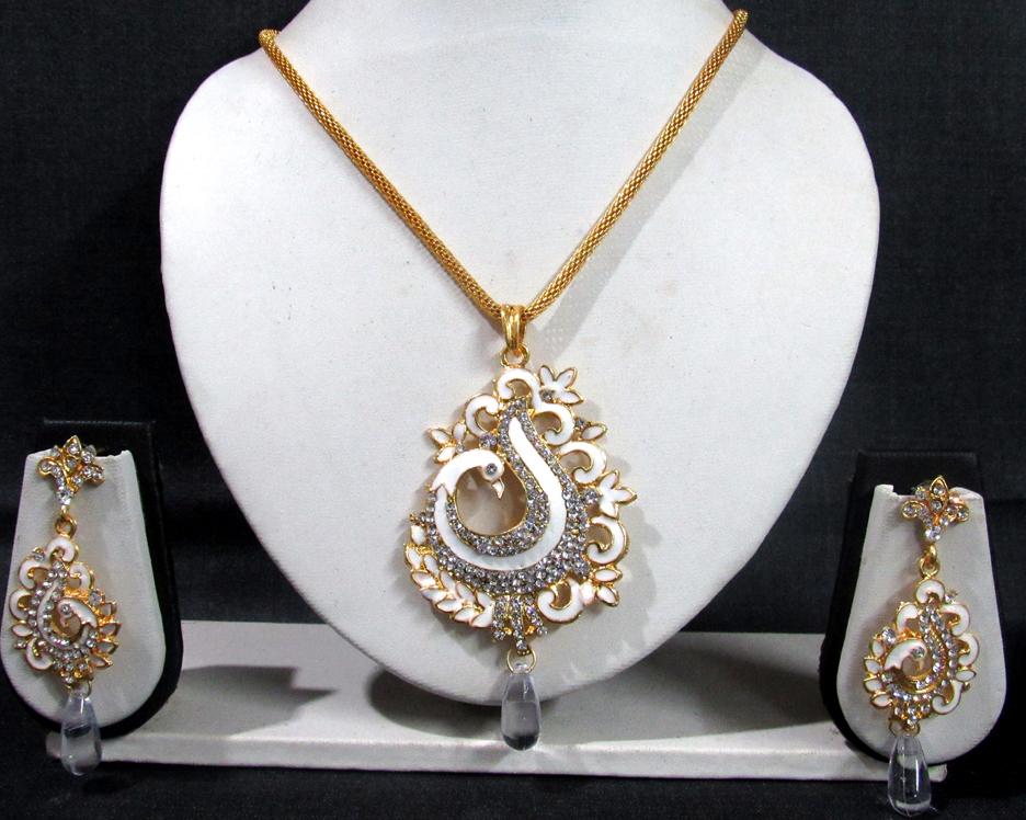 White Meenakari Peacock Pendant Set