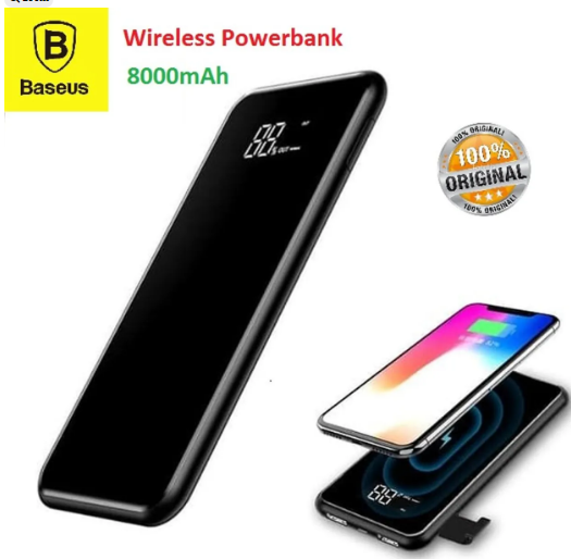 BASEUS WIRELESS POWERBANK & WIRELESS CHARGER POWER BANK 8000 MAH FULL SCREEN BRACKET LED DISPLAY -BLACK