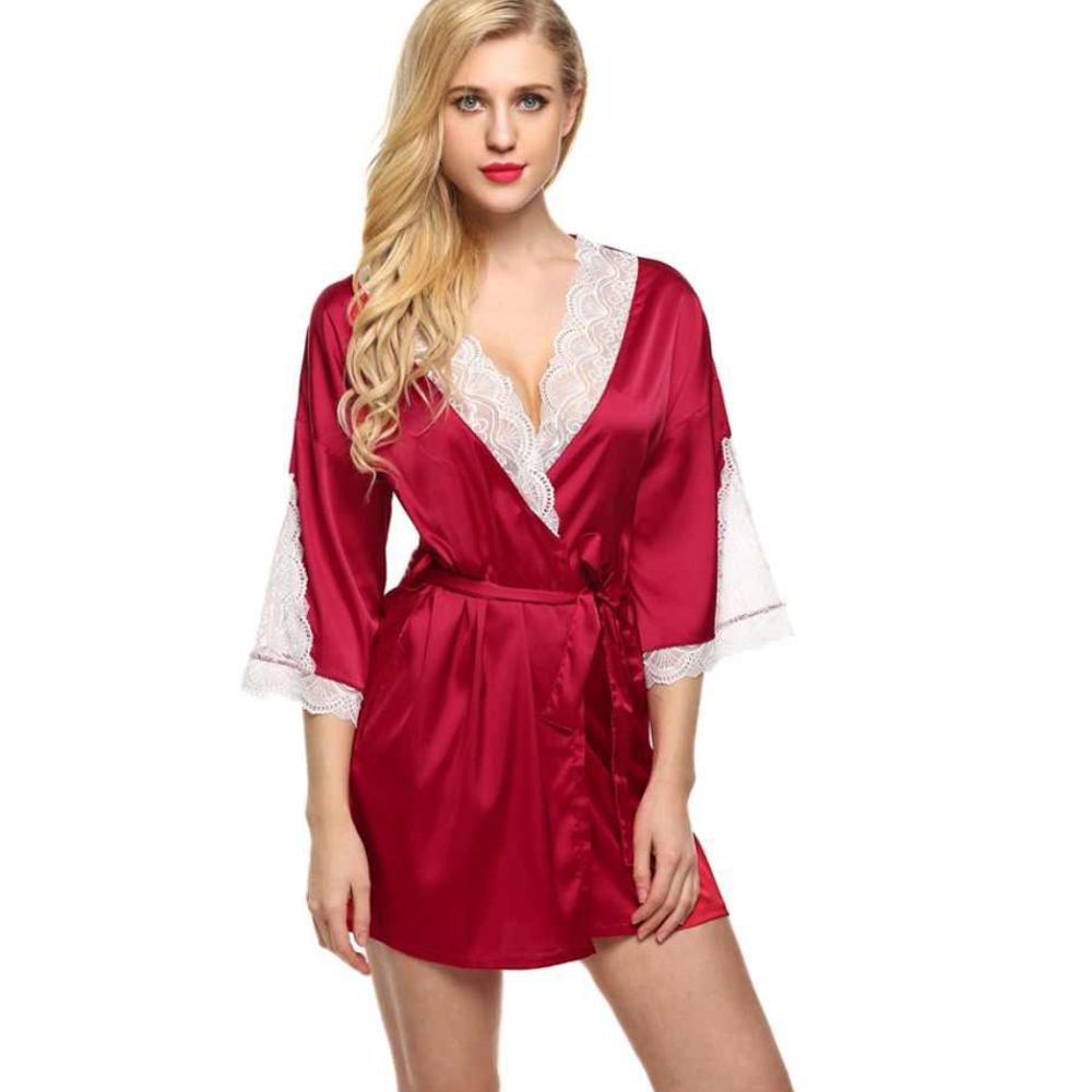 Sexy Lace Patchwork Satin Short Robe