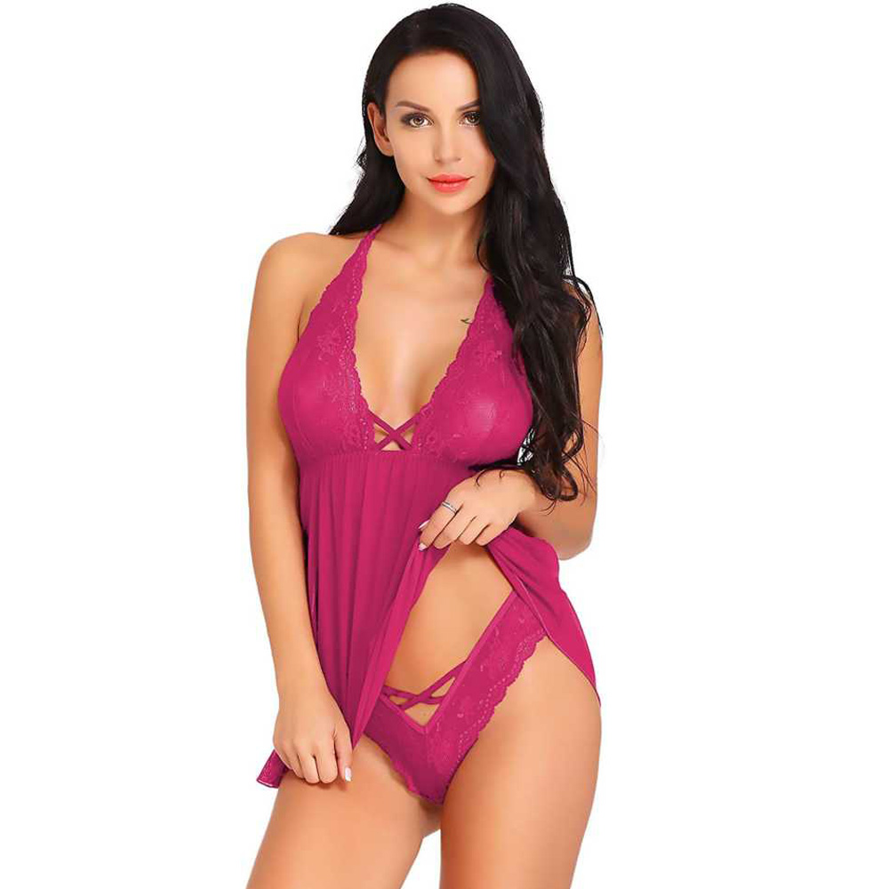 Erotic Deep V Neck Babydoll Short Lingerie Dress