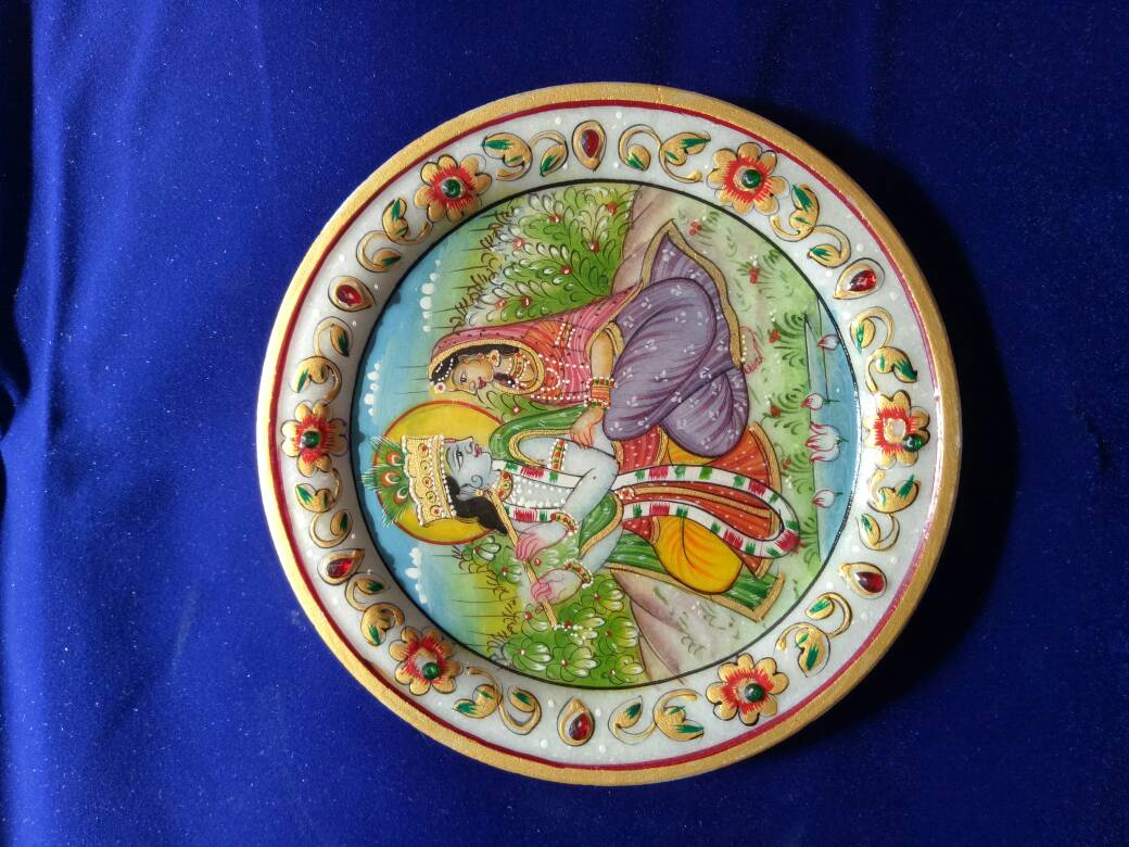 Silverzz Handicraft Marble Thali With Radhe Krishna Painting on it
