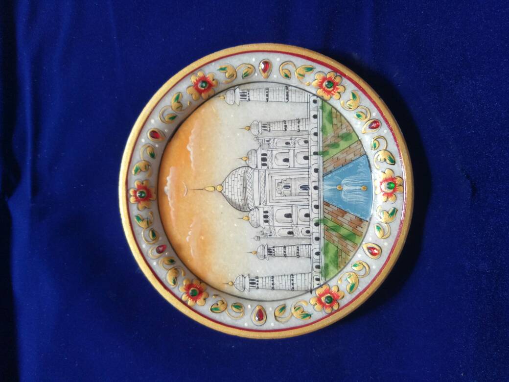 Silverzz Handicraft Marble Thali with TajMahal painting