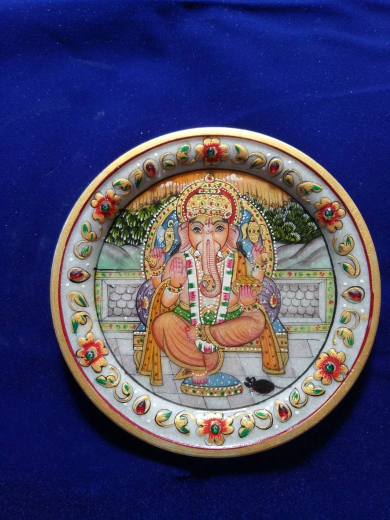 Silverzz Handicraft Marble Thali With Ganesh Painting 