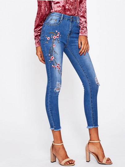 Embroidered Distressed Frayed Skinny Jeans