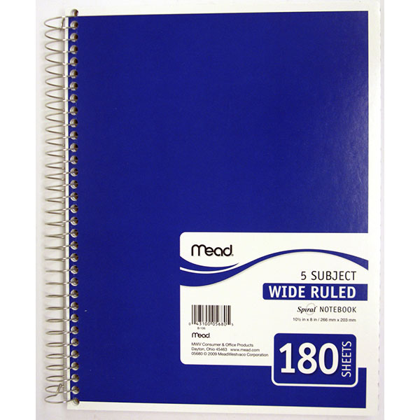 MEAD NOTE BOOK SPIRAL 5 SUBJECT 180 SH #05680