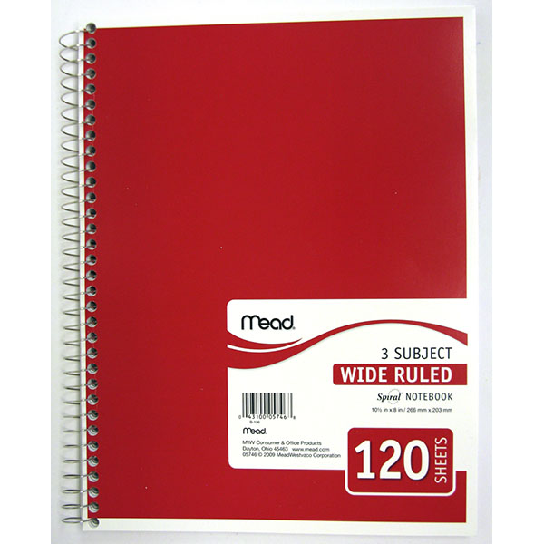 MEAD NOTE BOOK SPIRAL 3 SUBJECT 120 SH #05746