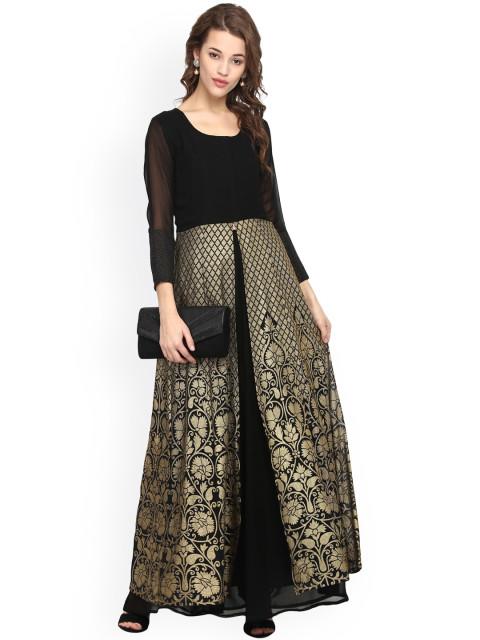 Ahalyaa Women Black & Gold-Toned Woven Design Anarkali Kurta