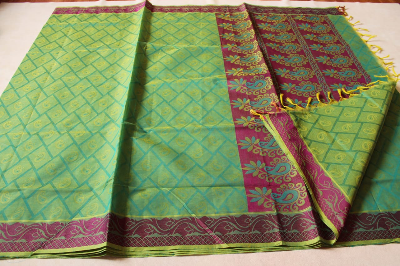 Coimbatore cotton saree dual shade of teal blue and mustard shade with –  Prashanti Sarees