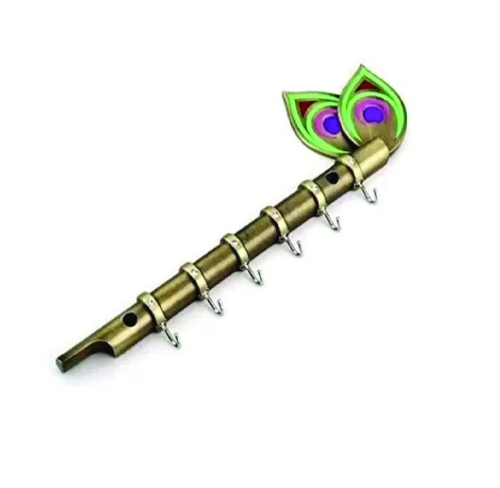 0497 Brass Flute and Peacock Key Holder Wall Hanging