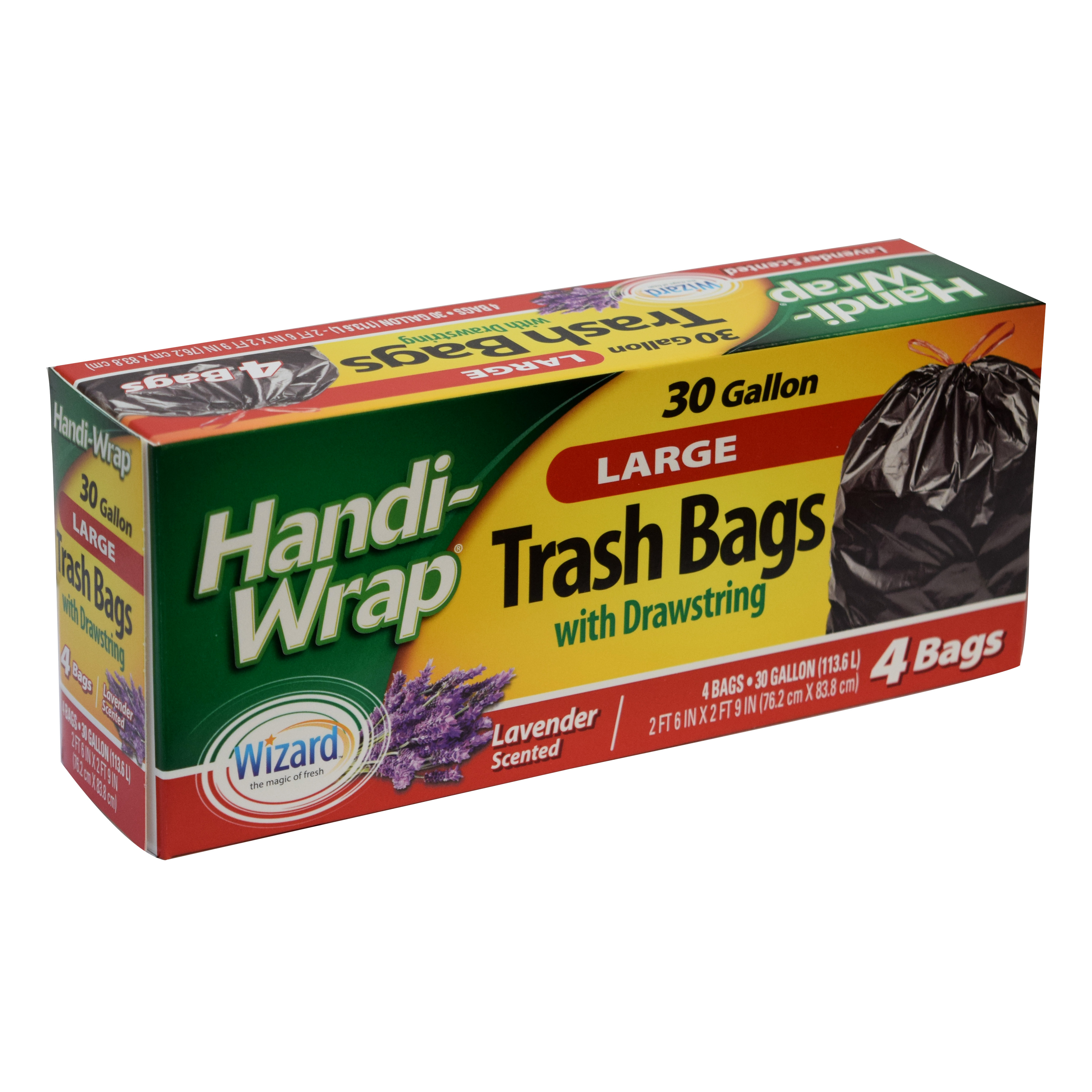Handi-Wrap 30gal. 4ct., Black Trash Bag w/ Red Drawstring Lavender Scented