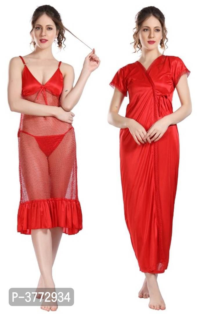 Pattern: Solid 6 Pieces Ladies Plain Satin Night Dress, Red, M- XL