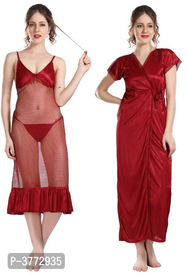 Buy ARARA Satin and Net Nightwear Robe and Nighty Set for Women and Girls –  Red and Black at Amazon.in