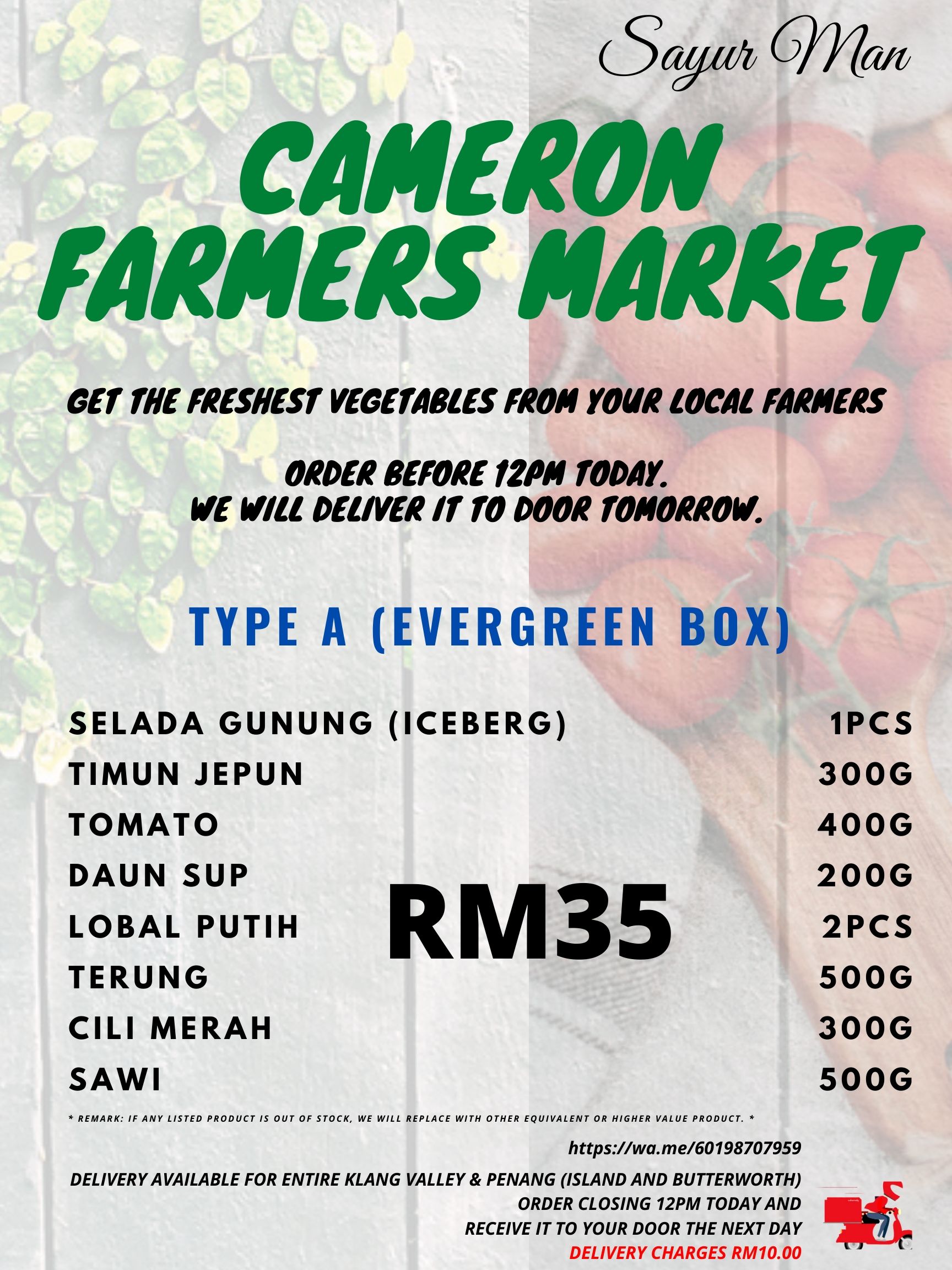 Cameron Highland's Fresh Vegetable (TYPE A (EVERGREEN BOX) / Home delivery-Fresh vegetables direct from farm