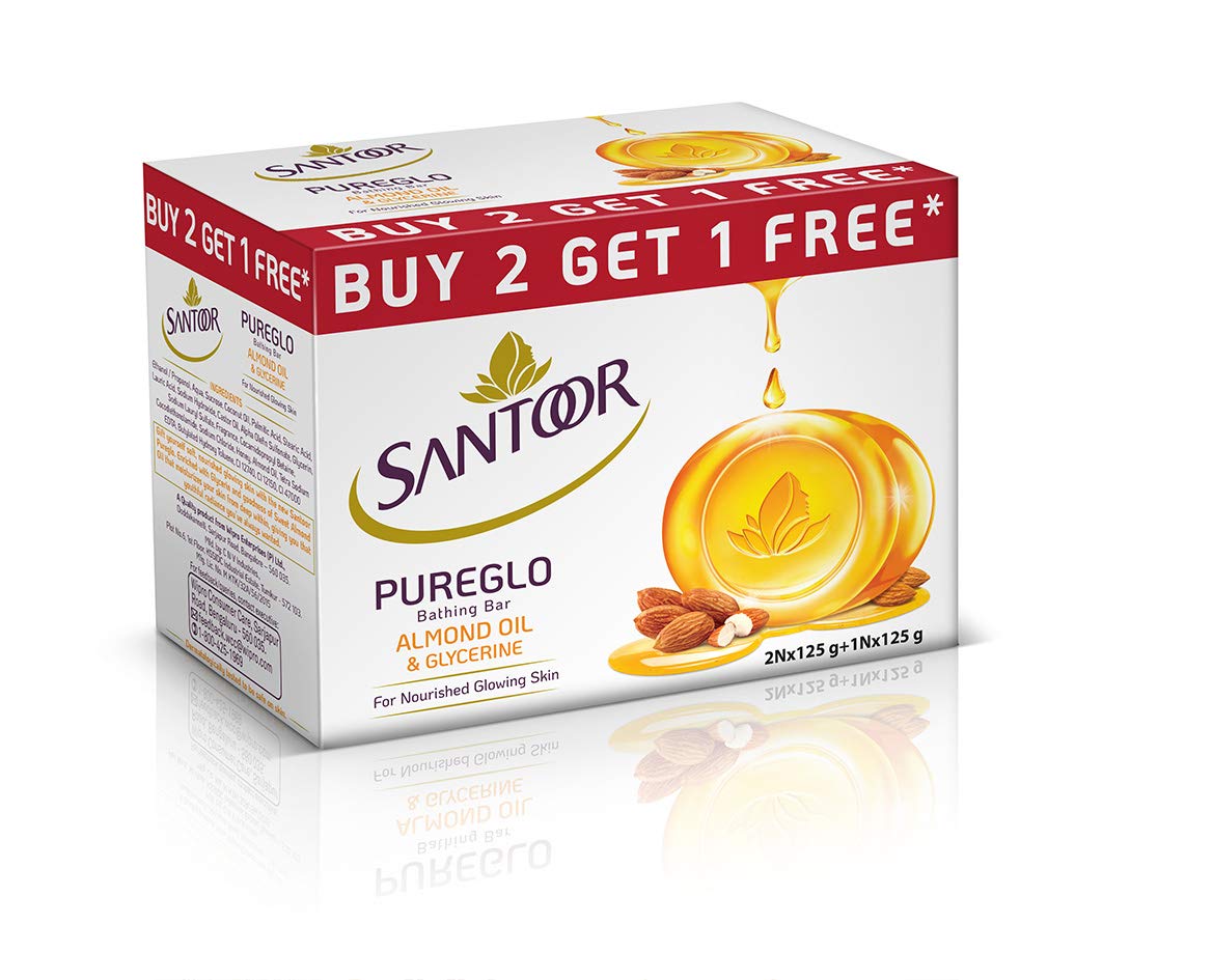 Sntoor PureGlo Glycerine Soap with Almond Oil and Glycerine, 125g (Buy 2 Get 1 Free) 