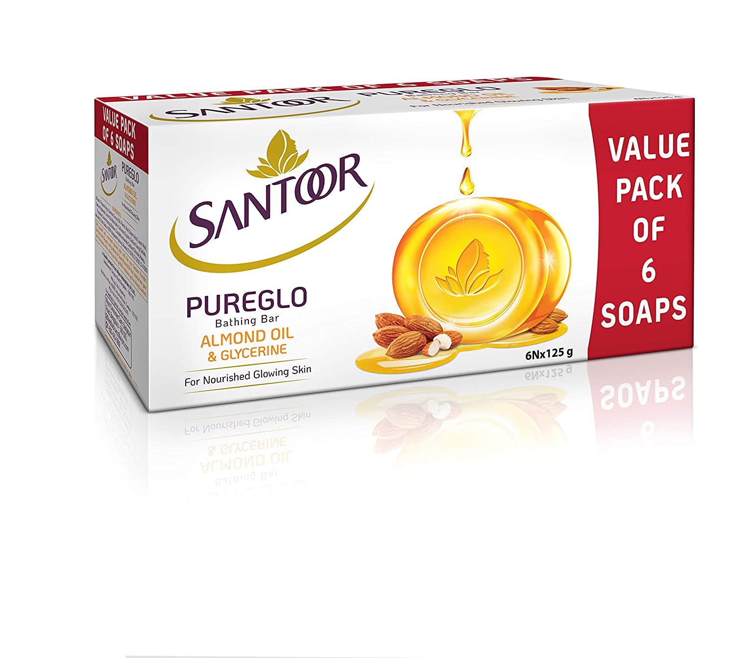 Santoor PureGlo Glycerine Soap with Almond Oil and Glycerine, 125g (Pack of 6) 